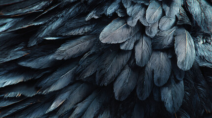 Obraz premium An artistic shot of multiple feathers of a raven's wing, creating a mesmerizing pattern. The intricate detail shows the beauty of nature. 