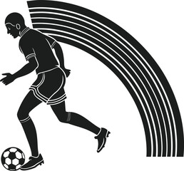 Dynamic black silhouette of a soccer player kicking a football against a stylized curved background
