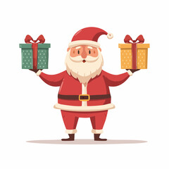 Cheerful cartoon Santa Claus character holding two wrapped holiday presents in his outstretched hands