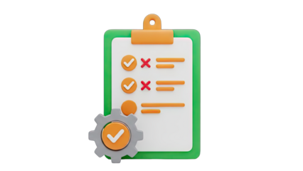 3D Clipboard With Checkmarks And Crosses Next To Gear Icon Representing Task Completion And Project Management On Transparent Background