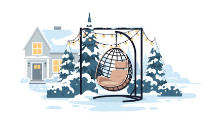 A pink hanging egg chair with a black frame and string lights in a snowy winter scene with a house and trees