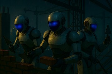 Nighttime photo of three humanoid robots bricklaying at a rainy construction site, holding bricks and trowels, with steel structures and cranes in the background, showcasing automation in harsh