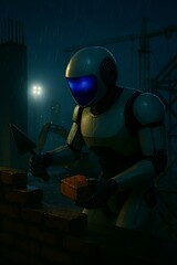 Humanoid robot bricklaying at night in the rain, holding a brick and trowel, with cranes and floodlights in the background, showing automation in harsh construction conditions.