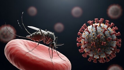 Mosquito feeding on blood cell with coronavirus particles in the background