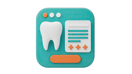 3D dental care interface icon with large white tooth and teal background representing oral hygiene and health services