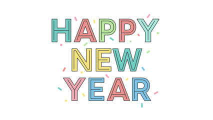 Colorful Happy New Year text with confetti on a white background, festive and celebratory.