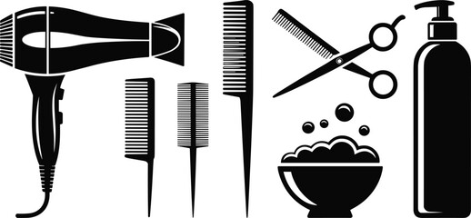 Professional hairdressing tools silhouette set featuring combs, scissors, hairdryer, shampoo bottle, and styling bowl, ideal for salon branding and beauty design projects