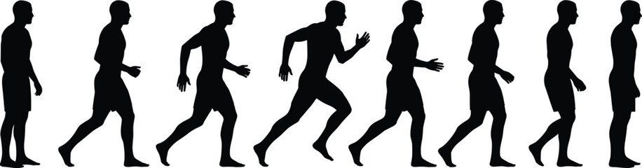 Human motion silhouettes, walking to running, black vector, stride sequence, white background, dynamic movement, biomechanics, sports science, animation reference