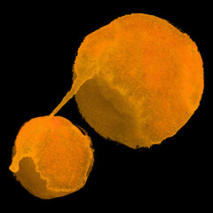 Round orange watercolor frame, circle shape form isolated on black background. Handmade technique