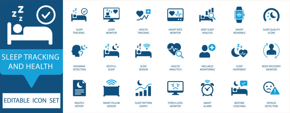 Sleep Tracking and Health Editable Icon Set. Covers monitoring, analysis, insomnia, recovery, smart wearables, and stress levels. Essential for wellness apps and tech.