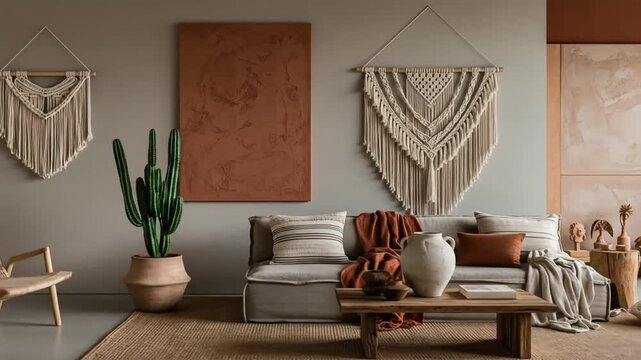 Relaxing living room with macrame art, earth tones, and cactus decoration design