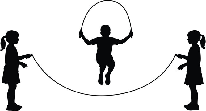 PrintJump rope silhouette, children playing, teamwork, double dutch, physical activity, black vector, joyful pose, coordination, outdoor fun, childhood motion