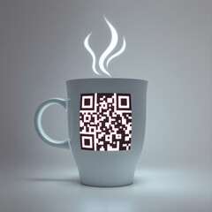 Close-Up of a Coffee Cup Shaped QR Code on a Minimalist Payment Stand