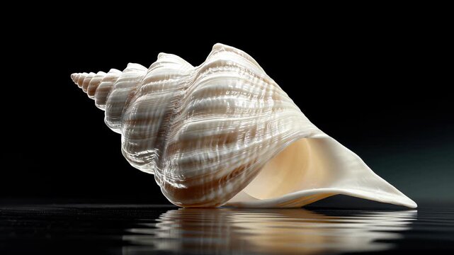 A large, spiral seashell with a smooth, glossy surface. The shell is predominantly white with subtle beige stripes. It rests on a reflective surface, creating a serene atmosphere.