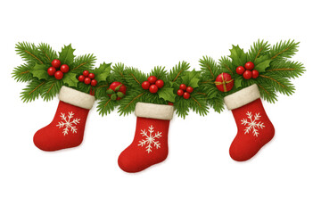 Christmas stocking garland with fir branches, holly berries, and snowflakes, ready for holiday season decoration, transparent background