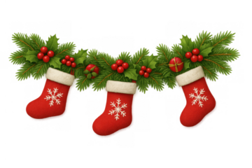 Christmas stocking garland with fir branches, holly berries, and snowflakes, ready for holiday season decoration, transparent background