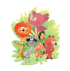 Group of cute jungle animals in the forest among green leaves. Colorful lion, bear, elephant, crocodile, fox and other characters for kids. A hand drawn vector cartoon illustration for children.