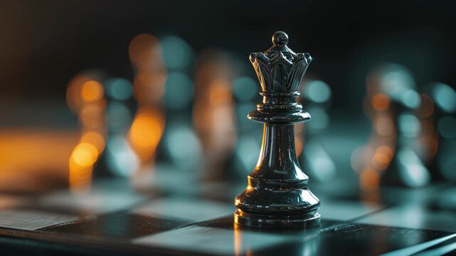 A close-up of a black chess queen piece on a chessboard. The background features blurred chess pieces and warm lighting, creating a strategic atmosphere.