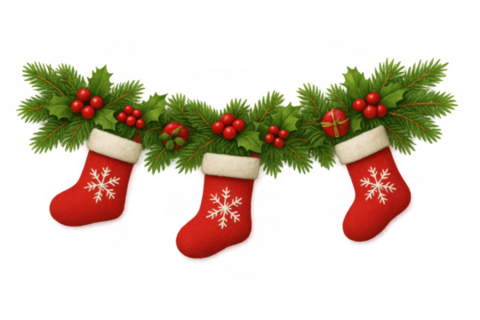 Christmas stocking garland with fir branches, holly berries, and snowflakes, ready for holiday season decoration, transparent background - Powered by Adobe