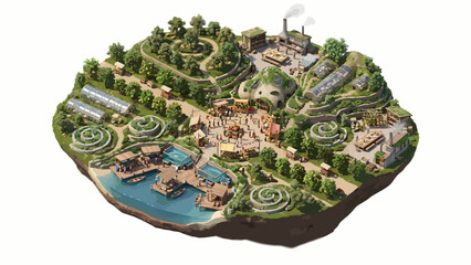 Sustainable Living Isometric Map: Eco-Friendly Community with Greenhouses, Farms, and Renewable Energy