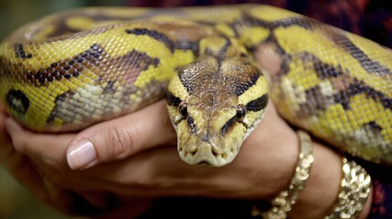 Medium shot showing a handler carefully supporting a large snake demonstrating safe and calm reptile care techniques.