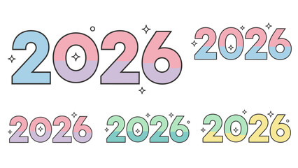 Colorful illustration of the year 2026 in various pastel colors and fonts with sparkles on a white background, symbolizing Happy New Year 2026 and Christmas Dat celebrations.