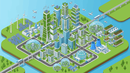 Isometric Green Cityscape: Sustainable Urban Development with Renewable Energy and Eco-Friendly Architecture