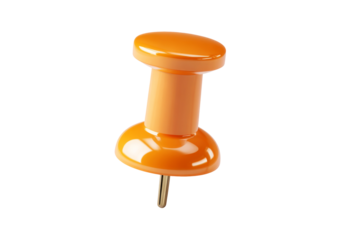 Bright orange push pin with glossy plastic texture and metal tip isolated on transparent background