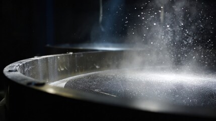 Electrostatic spray painting process on a curved metal surface demonstrating charged paint particles ensuring uniform color coverage under controlled lighting.