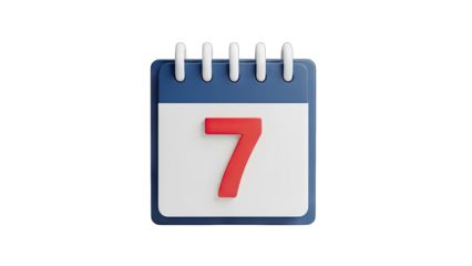 3D Icon of a Blue and White Spiral Bound Calendar Showing the Number 7 in Red on a Transparent Background