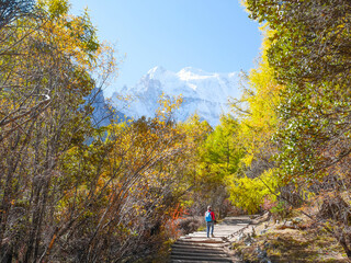 Travelers walking on walkway with snow mountains in the background