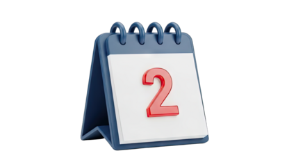 3D Icon Of A Desktop Calendar Showing The Number 2 On A White Page With Blue Binding Against A Transparent Background Simple Graphic Element For Planning And Scheduling