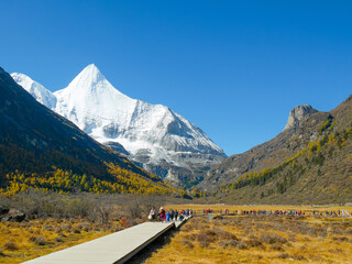 Colorful Chonggu meadow and travelers with snow-capped mountains