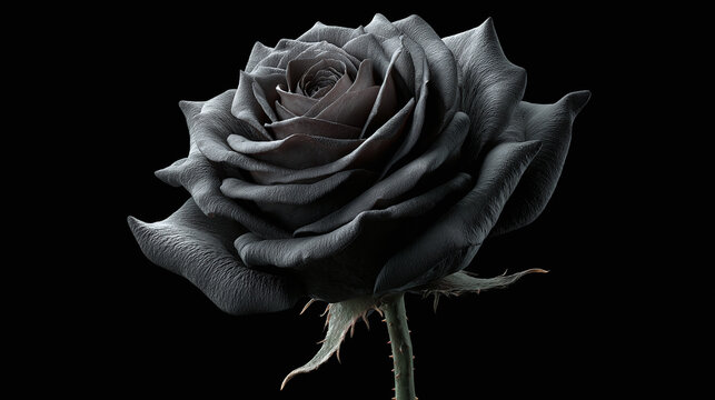 A close-up of a stunning, dark rose, its petals in full bloom, revealing intricate details. The flower is isolated, creating a dramatic and elegant aesthetic. 