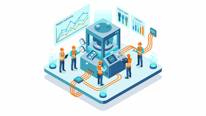 Obraz premium Isometric AI-Powered Manufacturing Process: Engineers Overseeing Automated Production Line with Data Visualization, Modern Factory Setting