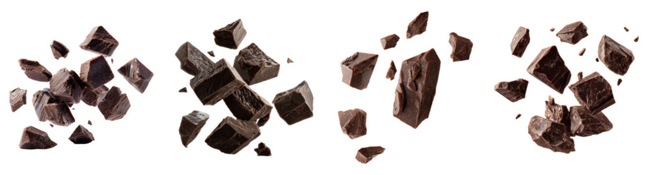Assorted dark chocolate chunks and pieces isolated on transparent background