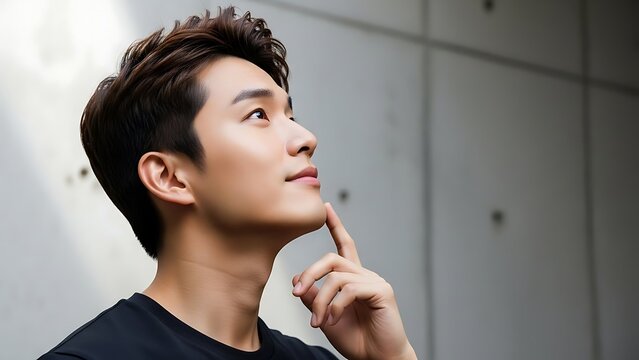 Thoughtful asian man gazing upwards with finger on chin in modern setting - Powered by Adobe