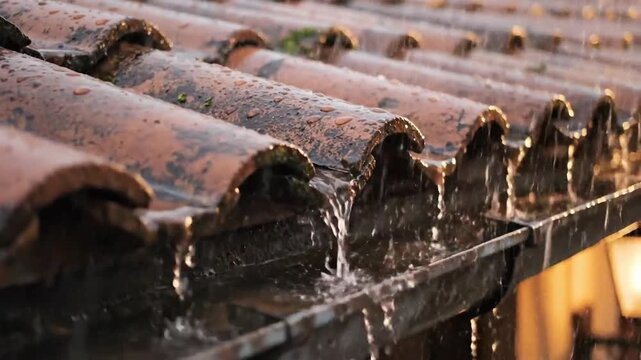 Rainy Day Roof and Gutter Drainage: A Tranquil Cinematic Visuals on a Building