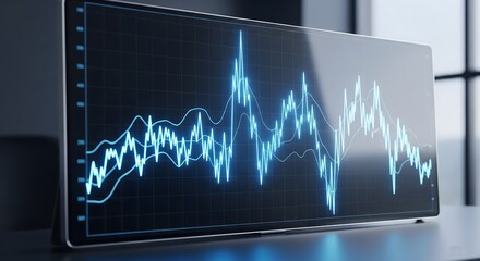 Digital stock market data analysis screen displaying glowing blue financial chart lines, representing global investment growth and business progress strategy