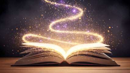 Sparks of magic rise from an open book on a wooden table in a dark room during evening hours