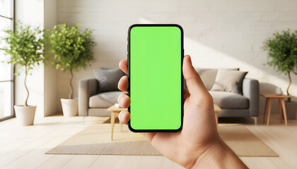 Hand holding mobile smartphone with blank green screen chroma key for mockup in sunny living room with grey sofa and plants background for augmented reality home design app display