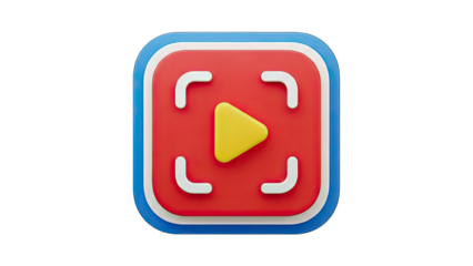 3D Icon of a Red Square with Rounded Corners and a Yellow Play Button Centered on a Transparent Background Representing Video Recording or Playback Functionality