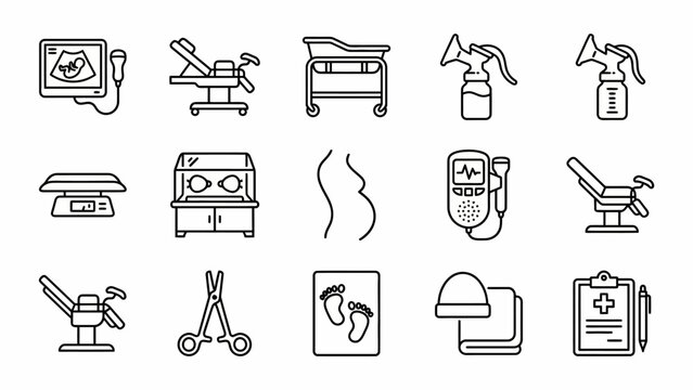 Childbirth and newborn medical instruments icon set