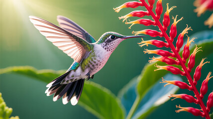 Naklejka premium A close-up photograph of a hummingbird in mid-flight, captured in sharp detail against a soft green background.