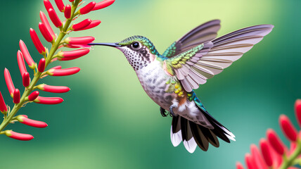 Naklejka premium A close-up photograph of a hummingbird in mid-flight, captured in sharp detail against a soft green background.