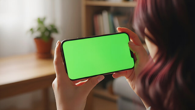 Hand holding mobile smartphone with blank green screen chroma key for mockup in horizontal landscape mode by woman with wooden desk and bookshelf background for gaming app display