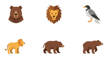 Fototapeta premium Collection of Cartoon Animal Illustrations - Bear, Lion, and Bird.