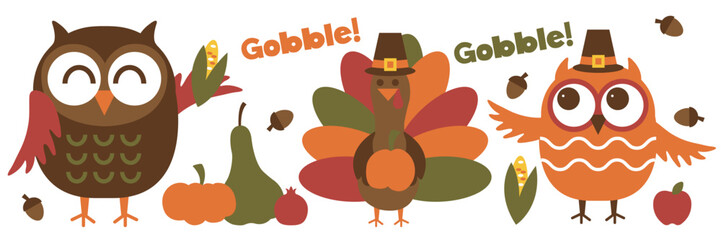 Gobble! Gobble!  Cute Turkey And Owl. Vector illustration. Harvest Vector Typography For T Shirts, Embroidery, Posters, Banners, Cards, Party Decor, Balloons