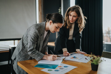 Two female colleagues collaborate on reports and charts at a modern office, sharing ideas and focusing on a project. A scene of teamwork, planning, and professional cooperation.