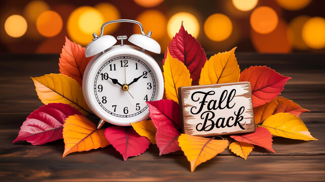 A close-up photograph of a white vintage-style alarm clock with black hands showing 655, surrounded by autumn leaves on a dark wooden surface - Powered by Adobe